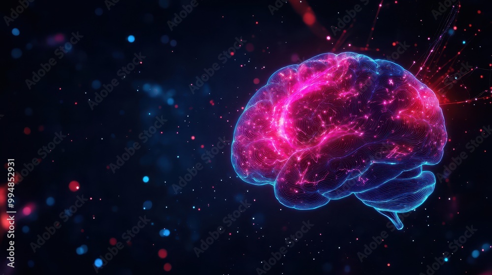 Fototapeta premium Colorful illustration of a brain with vibrant energy on a dark background.