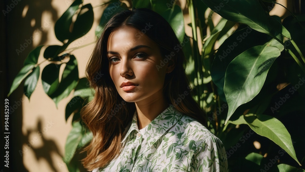 Woman in botanical print shirt with neutral expression Woman in botanical print shirt with neutral expression