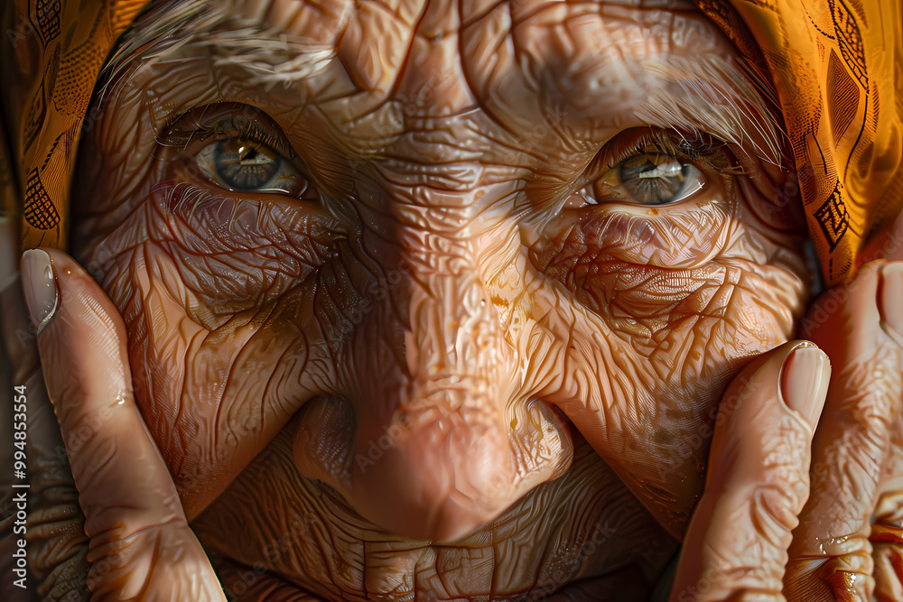 An elderly woman with striking wrinkles and expressive eyes, showcasing a rich life history. Her warm orange headscarf brings vibrancy to her features. An elderly woman with striking wrinkles and expressive eyes, showcasing a rich life history. Her warm orange headscarf brings vibrancy to her features.