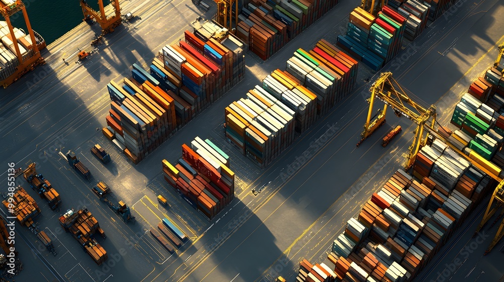 Obraz premium Aerial View of a Busy Shipping Container Yard with Cranes and Cargo Ships