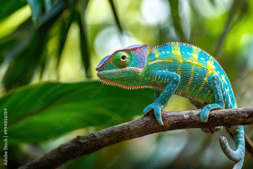 Fototapeta premium Colorful Chameleon Perched On Branch In Tropical Forest .generative ai