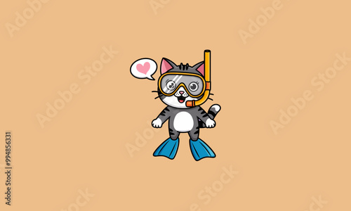 Snorkeling cat in fins with a heart speech bubble
