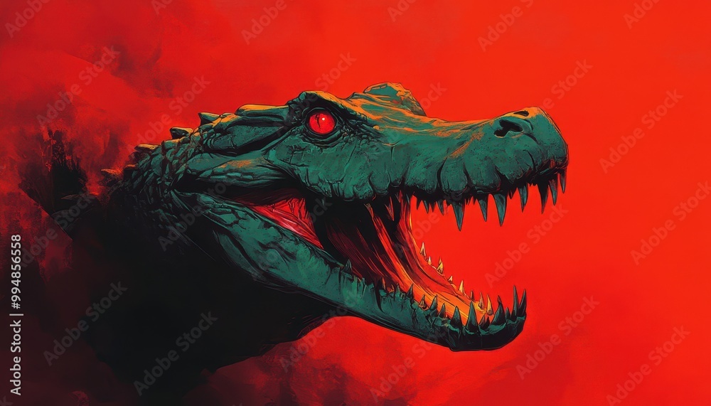 Fototapeta premium Dramatic dinosaur head emerging from a fiery red background, artistic and intense.