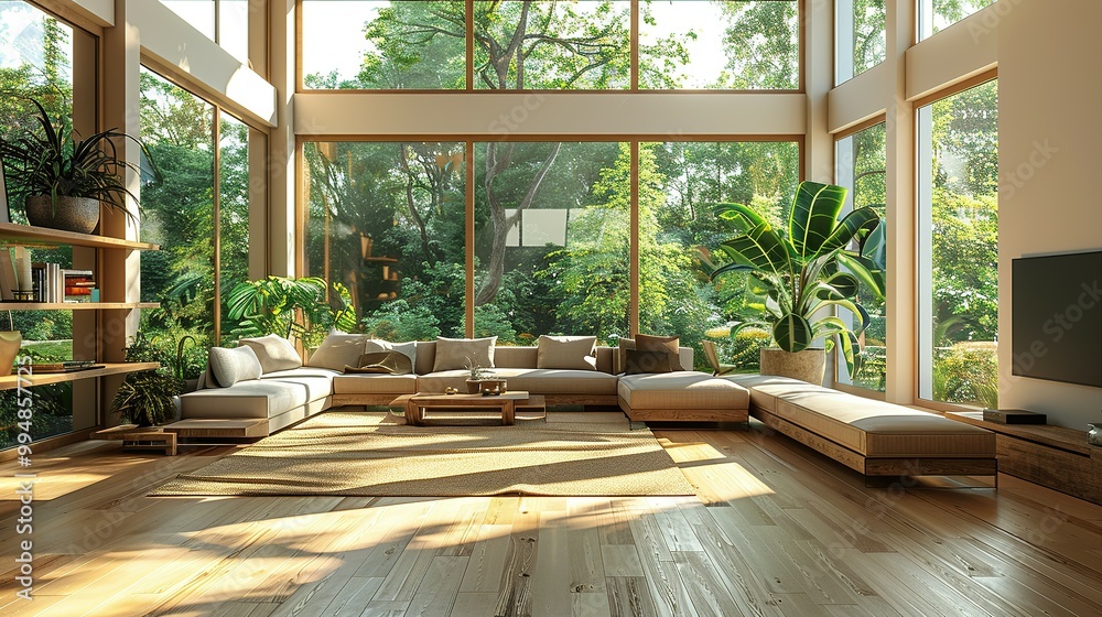 A spacious modern living room, with sleek furniture and green plants accentuating the luxury, large windows casting soft light on the wooden floor A spacious modern living room, with sleek furniture and green plants accentuating the luxury, large windows casting soft light on the wooden floor