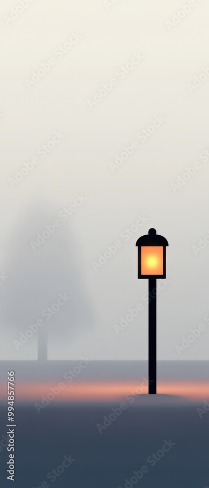 Foggy landscape with a street lamp illuminating a path. Foggy landscape with a street lamp illuminating a path.