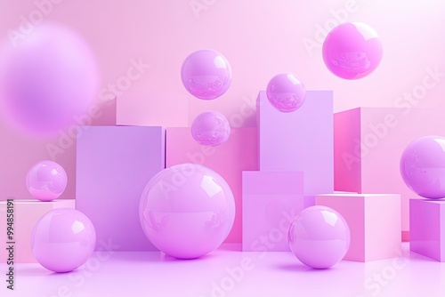 3D geometric composition featuring cubes and spheres arranged in a minimalist, harmonious style. Perfect for product presentations, marketing visuals, or as a modern backdrop