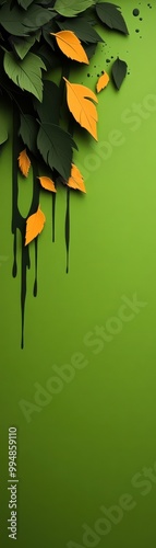 Green background with vibrant leaves and artistic paint drips, nature-inspired design.