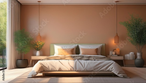 A serene bedroom featuring a comfortable bed, ambient lighting, and lush greenery, all set against a warm, earthy tone.