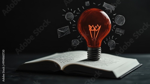 Illuminated bulb over an open book with icons, creative brainstorming concept. photo