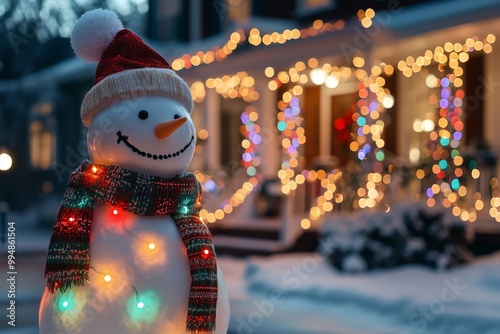 snowman is standing in front of the American mansion decorated with many colorful lights garlands with decorated with Christmas lights in front of the house