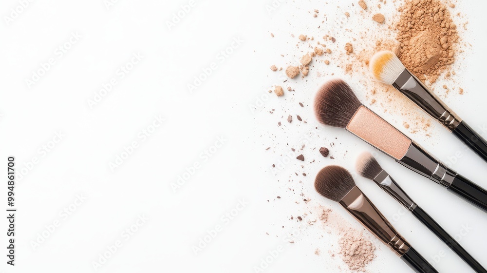 Makeup brushes with powder, white isolated background. Makeup brushes with powder, white isolated background.