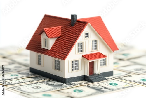 Model house on money representing real estate investment and finance.