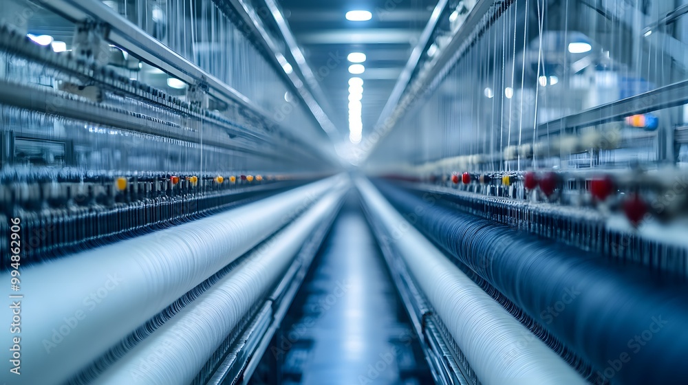 Fototapeta premium Industrial Textile Machinery with White and Blue Threads