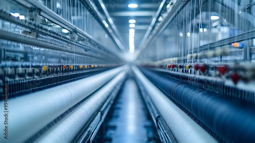 Industrial Textile Machinery with White and Blue Threads photo