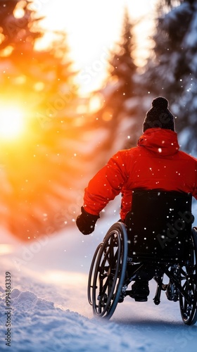 Person in wheelchair navigating through snowy landscape at sunset. photo