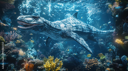 An underwater scene with a massive Mosasaurus swimming among coral reefs, surrounded by smaller fish and aquatic dinosaurs. Light filters from the waterâ€