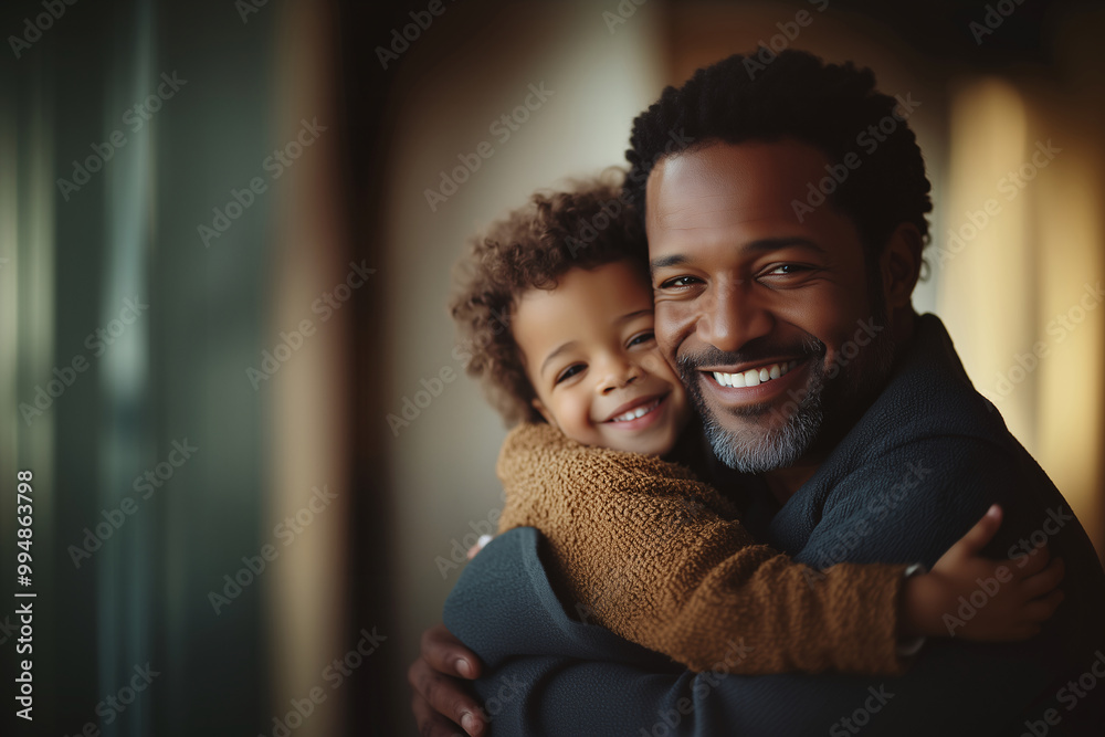 Obraz premium Father and son smiling warmly while embracing in a joyful family moment