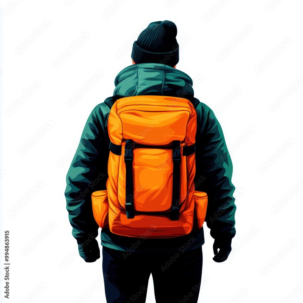 Person wearing a beanie and backpack, standing against a white background. Person wearing a beanie and backpack, standing against a white background.
