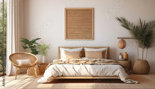 A serene, modern bedroom featuring a wooden bed, cozy linens, rattan chair, and natural decor elements, exuding a calming, minimalist vibe.