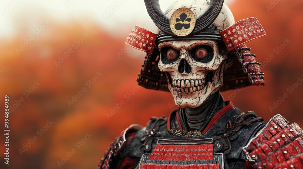 Samurai skeleton adorned in traditional armor against a vibrant autumn backdrop. Samurai skeleton adorned in traditional armor against a vibrant autumn backdrop.