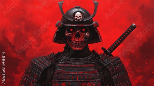 Samurai warrior with a skull mask, fierce expression, dramatic red background.