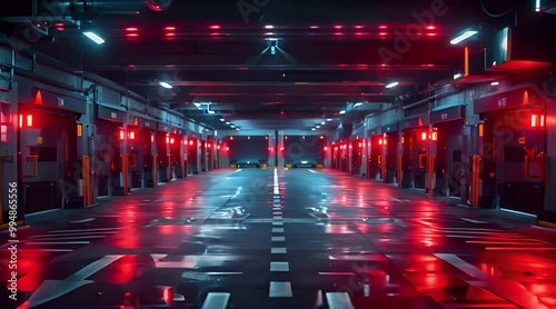 Empty futuristic parking garage with lights