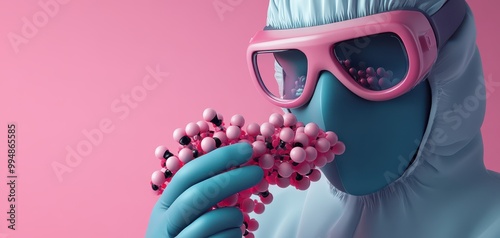 Scientist in protective gear examines molecular structure in a pink background. photo