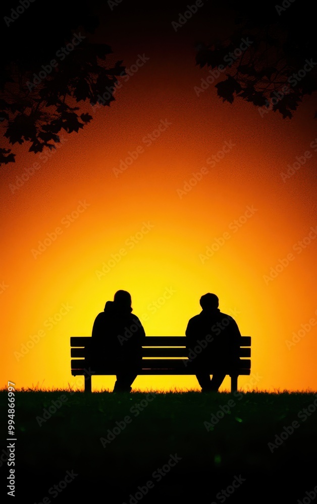 Silhouette of two people sitting on a bench during a vibrant sunset. Silhouette of two people sitting on a bench during a vibrant sunset.