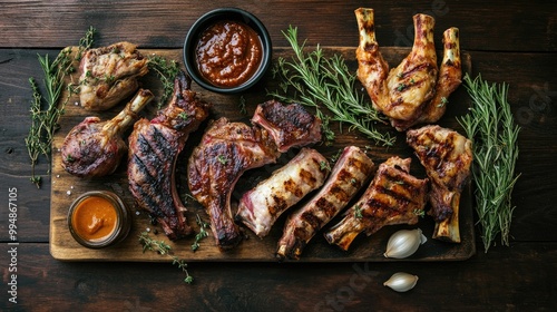 Wallpaper Mural Grilled Meat Platter with Sauces and Fresh Herbs Torontodigital.ca