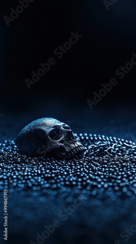Skull on textured surface with dramatic lighting, dark background. photo