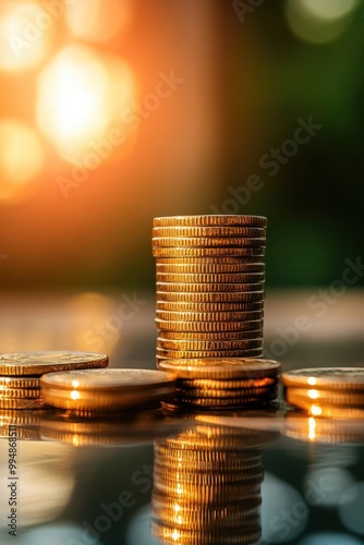 Stacks of coins reflecting sunlight, symbolizing wealth and finance. photo