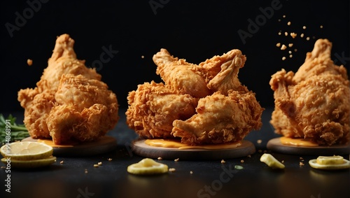 Crispy fried chicken on a plate against black backdrop