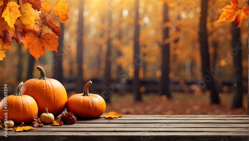 Autumnal pumpkins and leaves on wooden planks, with forest background and copy space
