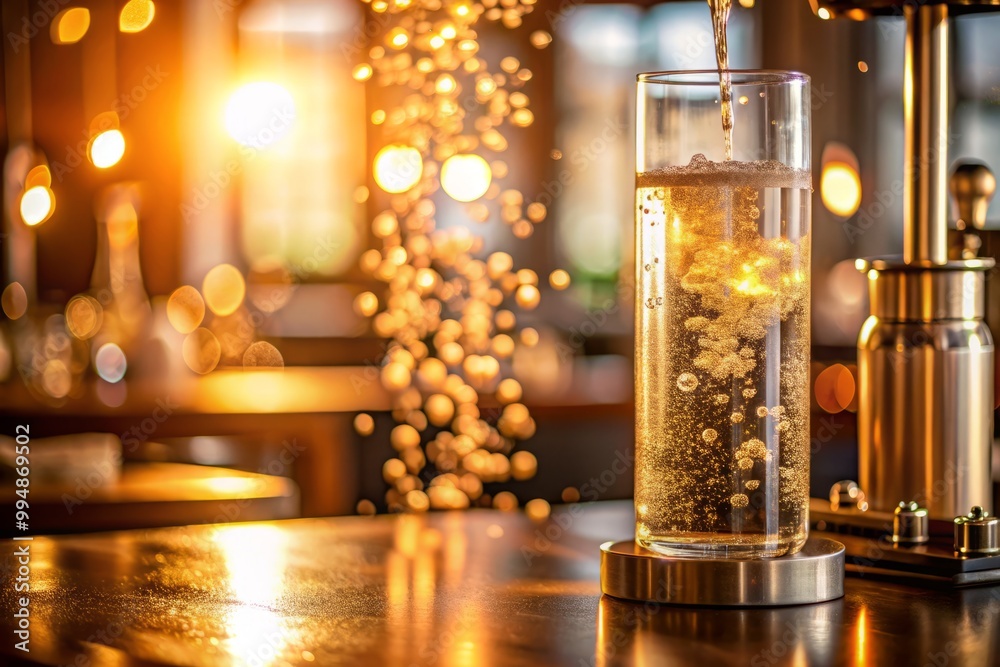 In the midst of a bustling home kitchen, the soda maker's transparent cylinder glows with an soft, ethereal light, as delicate bubbles rise and collide In the midst of a bustling home kitchen, the soda maker's transparent cylinder glows with an soft, ethereal light, as delicate bubbles rise and collide
