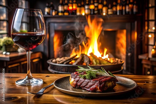 Moody, low-lit steakhouse interior sets the tone for a masterfully presented charred ribeye steak and glass of bold Merlot, resting on fine china and elevated by rich, dark colors.