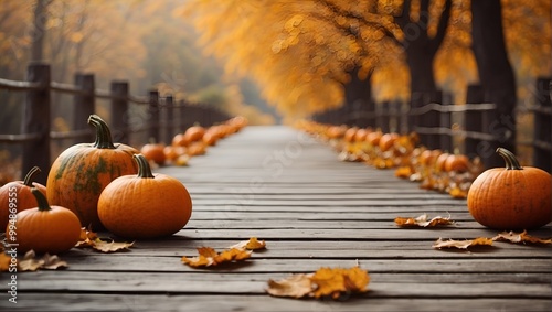 Panoramic fall banner with pumpkins, leaves, and wooden planks, set against a forest