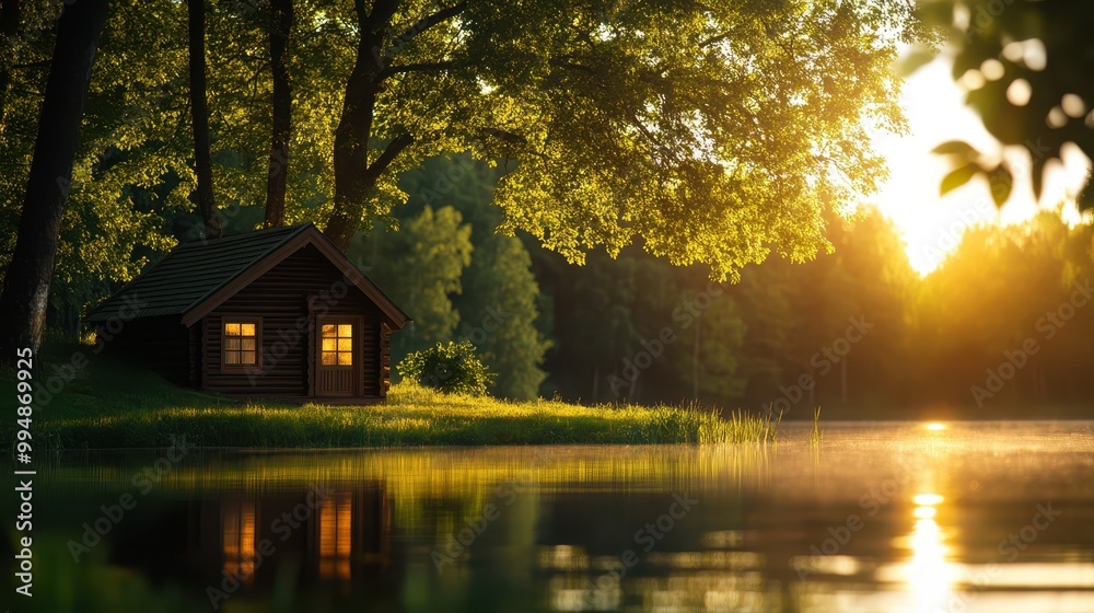 Tranquil lake house at sunset surrounded by lush trees and calm waters. Tranquil lake house at sunset surrounded by lush trees and calm waters.