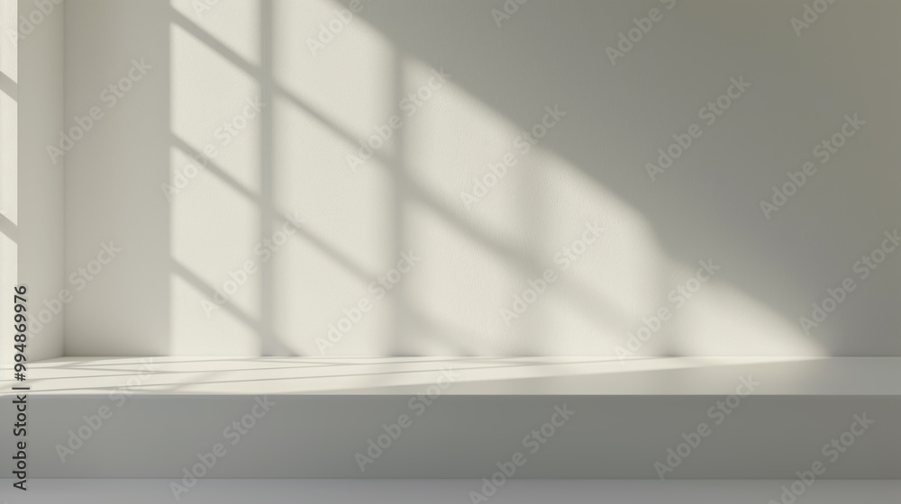 3D studio room with a podium on a white background. Empty floor and wall with shadow overlay from window onto tabletop. Stand with sunlight for product presentation. Interior mockup with countertop 3D studio room with a podium on a white background. Empty floor and wall with shadow overlay from window onto tabletop. Stand with sunlight for product presentation. Interior mockup with countertop