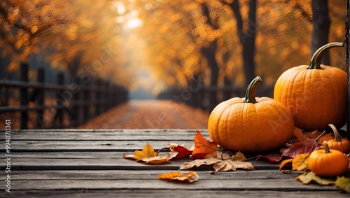 Pumpkins and autumn leaves on wooden planks with forest backdrop, perfect for fall banner