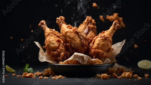 hot and Fresh drumstick fried chicken on a plate with black background, perfect for food advertisement