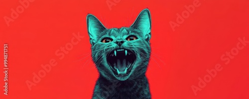 Vibrant styled cat with an open mouth, isolated on a bright red background.