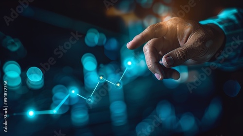 Entrepreneur pointing at holographic upward trend line, symbolizing market success, MORE Inspirational, business concept with finger touching futuristic display, dark blurred background, low saturatio photo