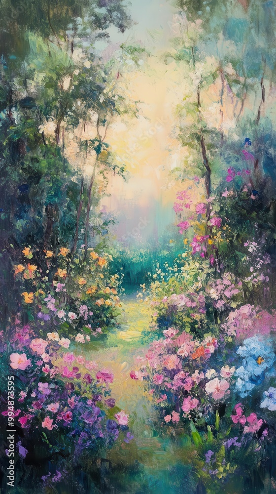Obraz premium Sunlit garden scene with soft pastel hues, brushstrokes capturing gentle movement in flowers and trees, nostalgic summer vibes