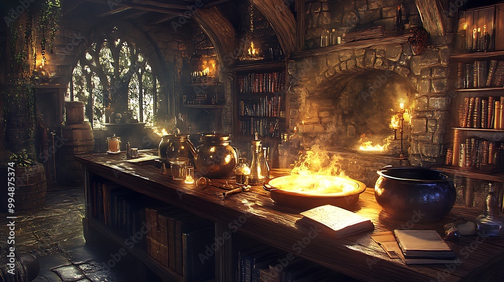 Witch’s Potion Laboratory A cluttered wooden table filled with bubbling cauldrons, glowing potions, and magical spell books in a dimly lit room. Witch’s Potion Laboratory A cluttered wooden table filled with bubbling cauldrons, glowing potions, and magical spell books in a dimly lit room.