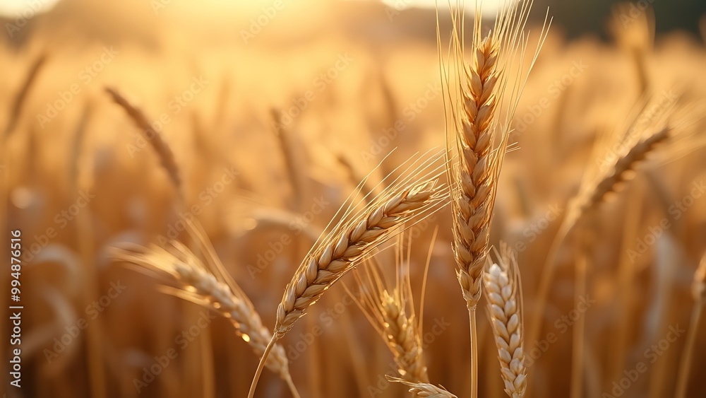 Obraz premium A detailed close-up of ripe golden wheat heads swaying gently in the breeze, ready for harvest. The rich textures and warm colors capture the essence of a bountiful wheat field.