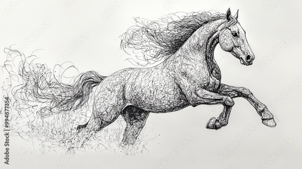 A black and white line drawing of a horse in mid-leap, drawn with intricate detail. A black and white line drawing of a horse in mid-leap, drawn with intricate detail.
