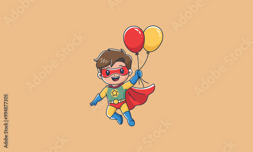 Superhero boy flying with red and yellow balloons