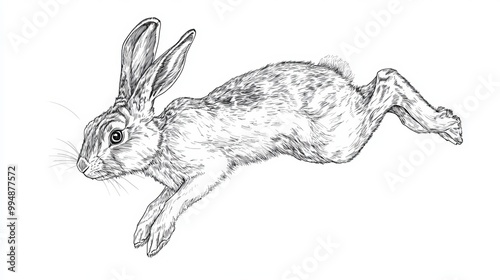 A detailed black and white line drawing of a rabbit in mid-leap.