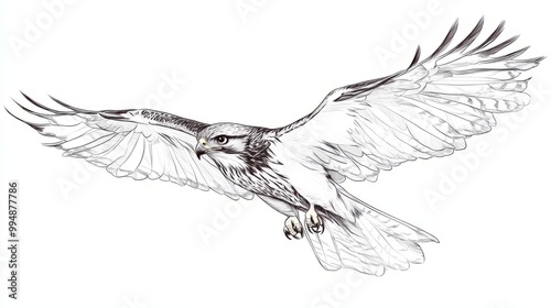 A detailed pencil sketch of a hawk in flight with its wings spread wide.