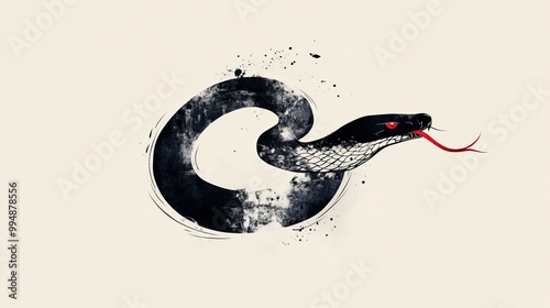 Black snake with red eyes and tongue, curled in a circle with grunge background.